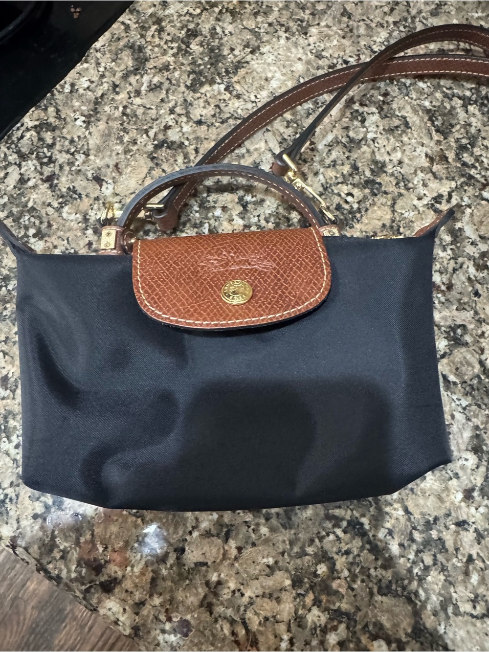 Longchamp Black Nylon Crossbody with Brown Leather Flap and Strap